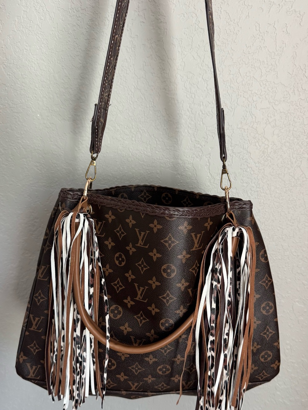 Brown Monogram Tote Handbag with Tassel Accents- Inspired Bag